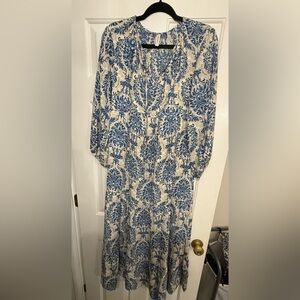 Chic Blue and Cream Floral Long Sleeve Dress Size Large